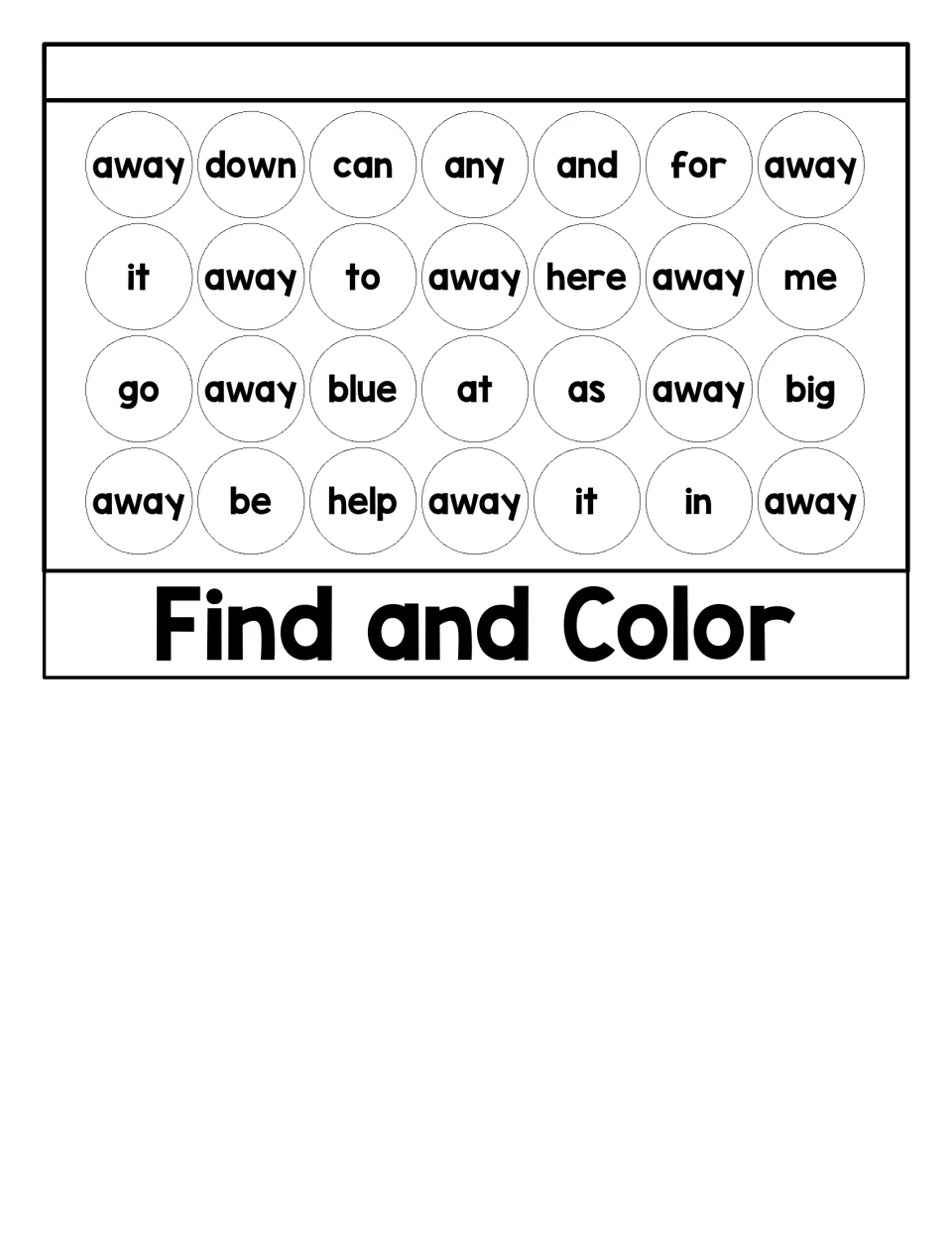 Find and Color activity asks students to identify “away” among words including “down,” “can,” and “any.”