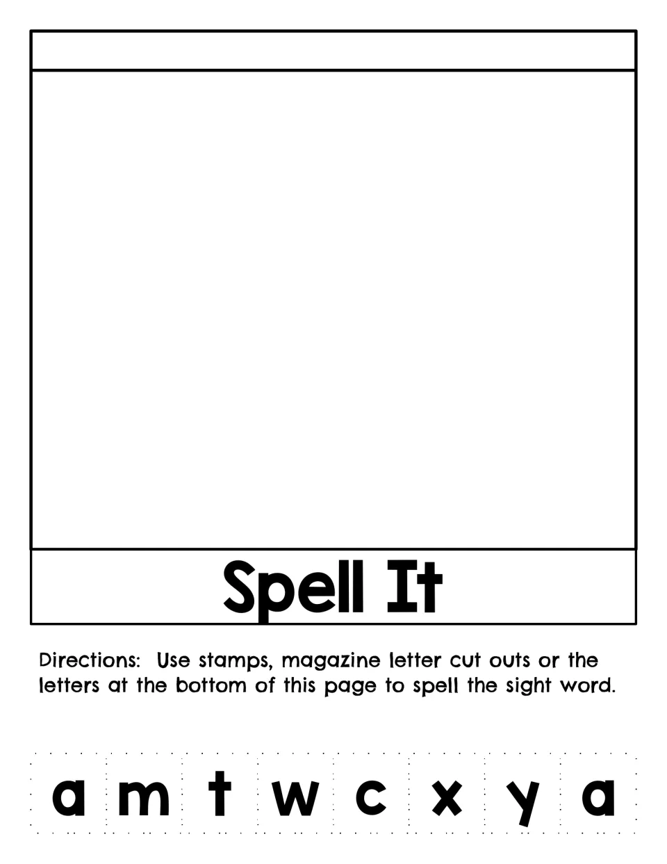 Spell It activity for “away” offers cutout letters a, m, t, w, c, x, y, a, plus stamp or magazine options.