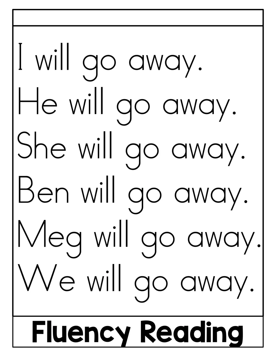 Fluency Reading activity gives six sentences ending in “will go away,” beginning with I, He, She, Ben, Meg, and We.