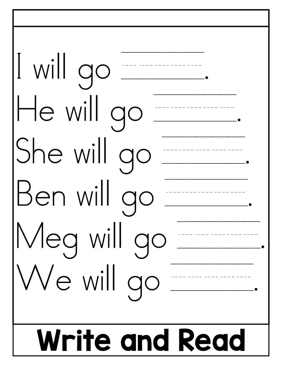 Write and Read alternate activity asks students to add “away” to six sentences such as “I will go ___.”