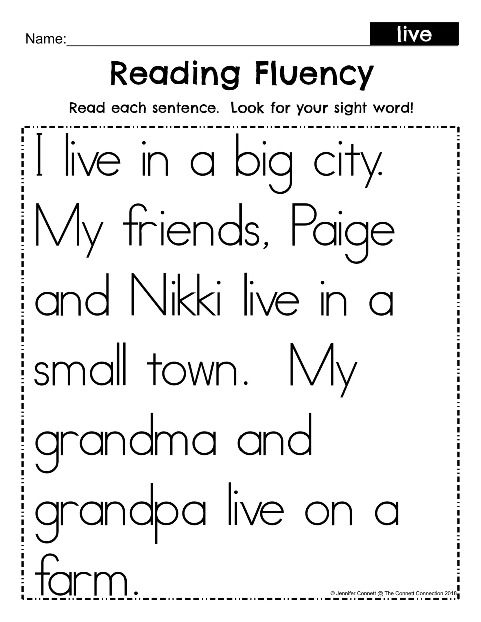 Reading fluency with sight word live: students read a short passage about a big city, a small town and a farm