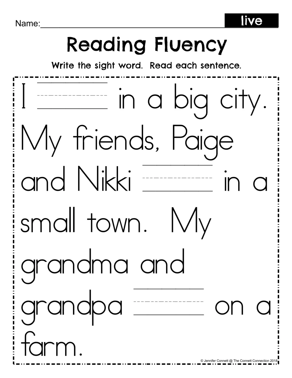 Sight word live fill-in: students write the missing word in three blanks, then reread the city, town and farm passage