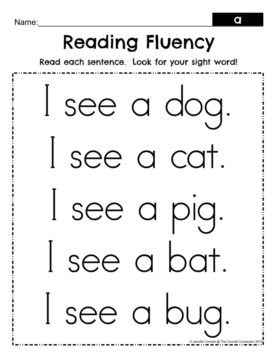 Reading Fluency for sight word a: students read five sentences like I see a dog and I see a cat and spot the word a