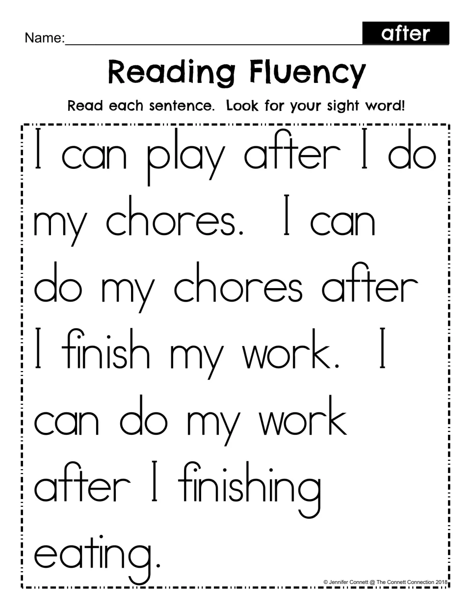 Reading Fluency for sight word after: students read a short passage about chores and work and look for each after