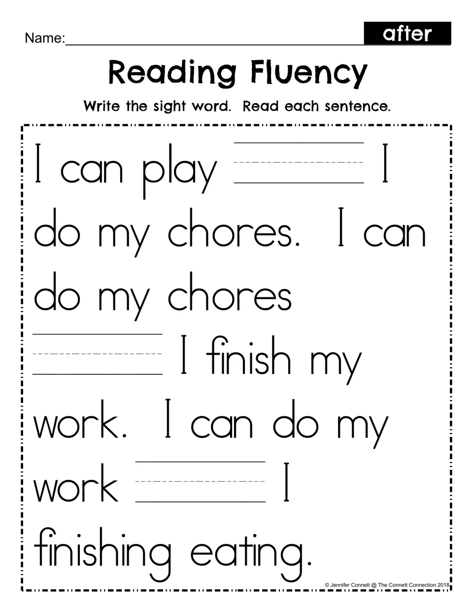 Sight word after fill-in: students write after in three blanks of a passage about chores, then read every sentence