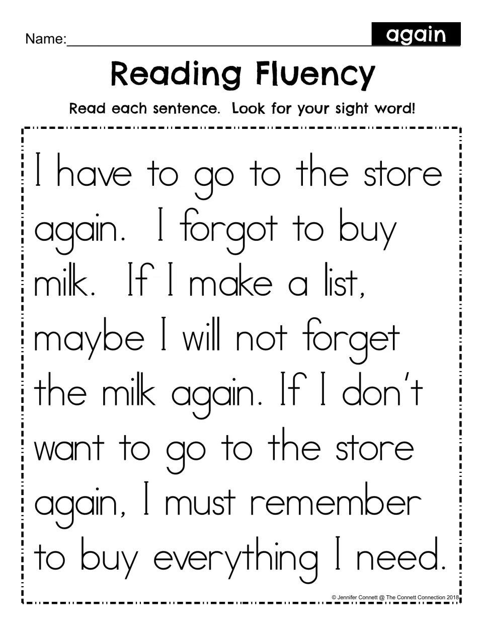 Sight word again reading fluency: students read a passage about forgetting milk at the store and find the word again