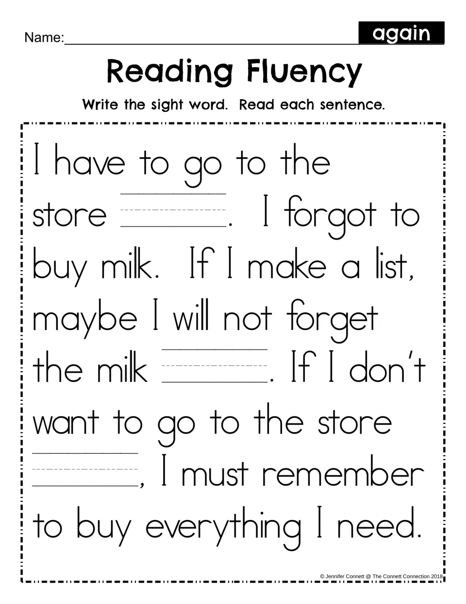 Sight word fill-in: students write again in three blanks in the store and milk passage, then read each sentence