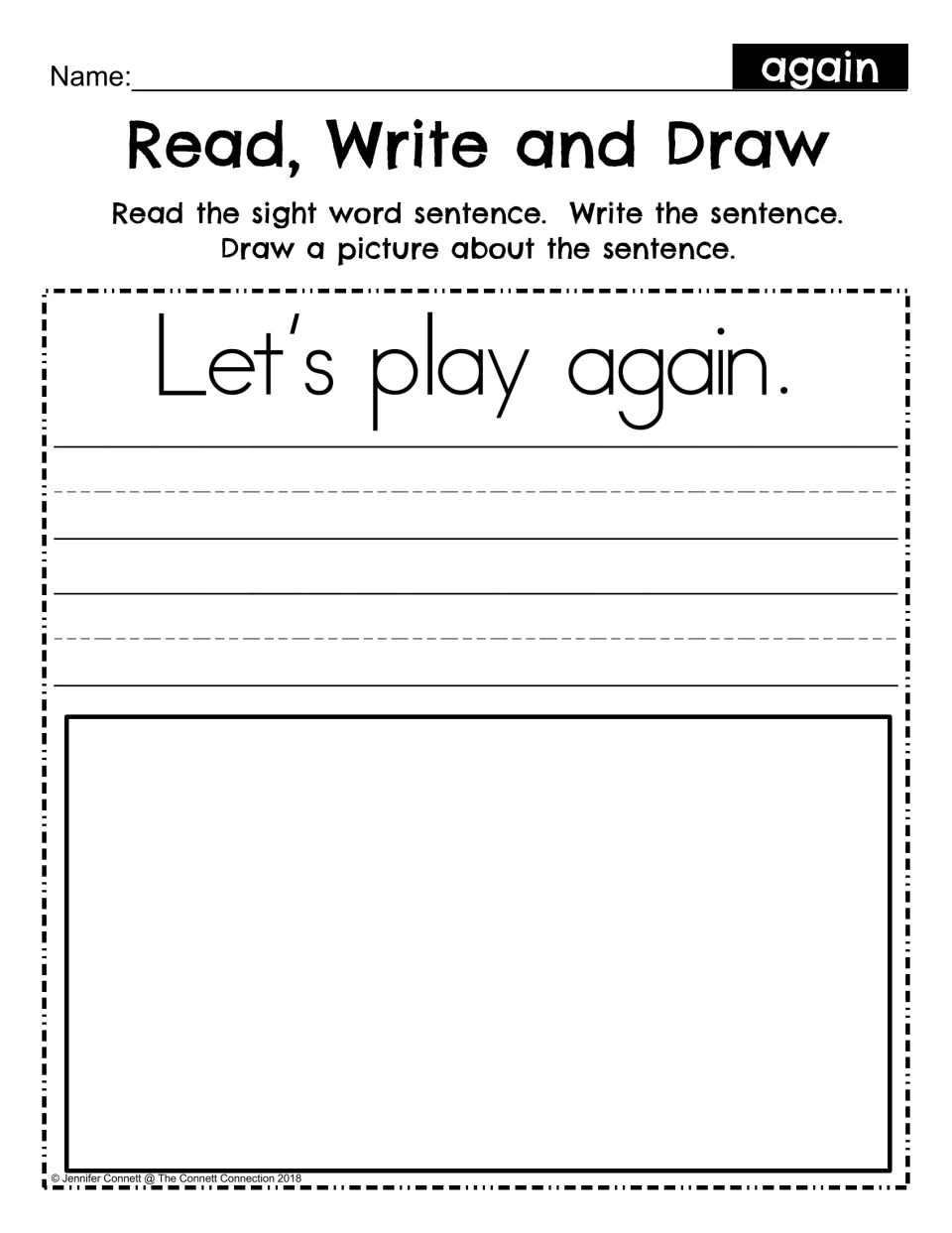 Read, Write and Draw: students read Let's play again, write the sentence and draw a picture about it