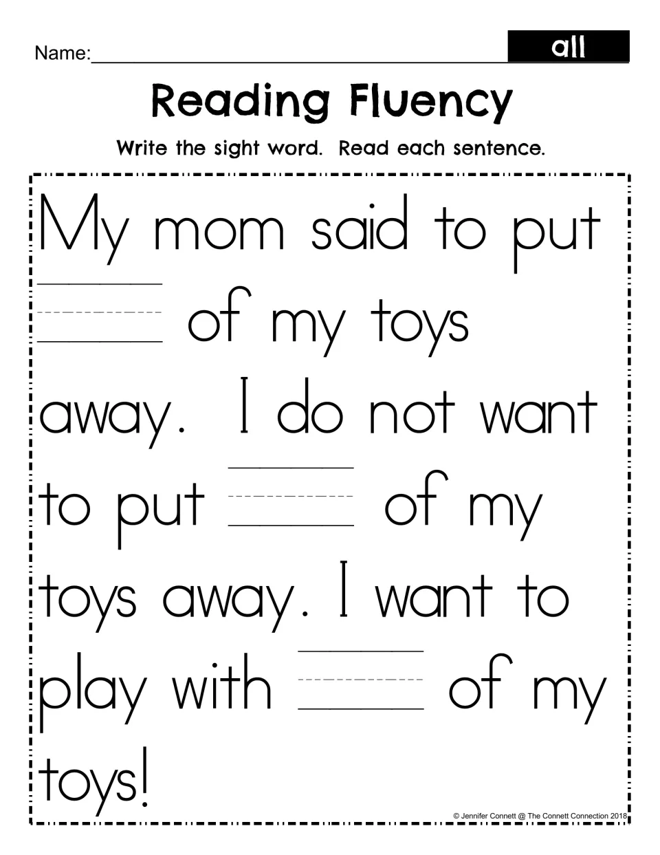 Sight word all fill-in: students write all in three blanks of the toys passage, then read each sentence for fluency