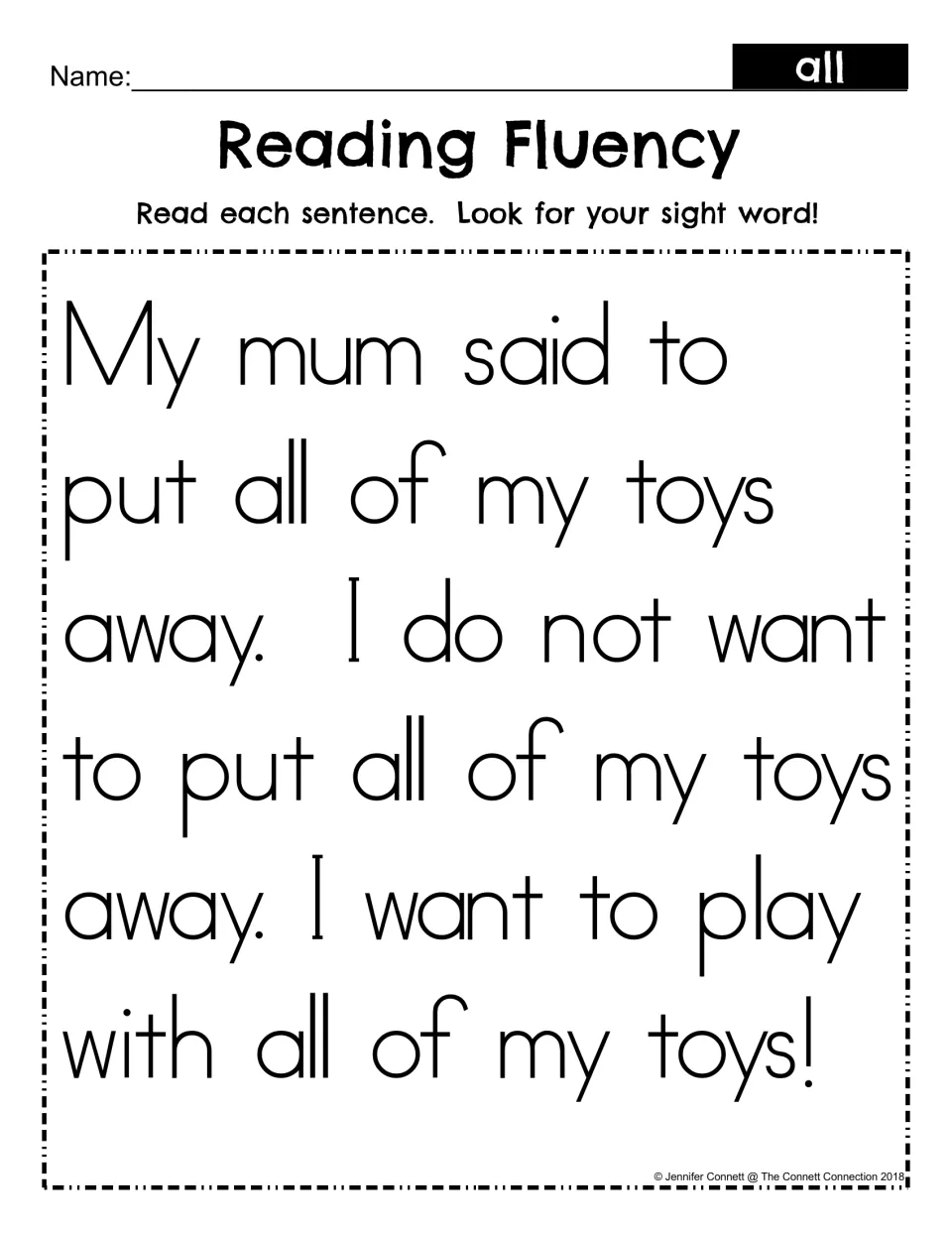 Sight word all passage in UK spelling: students read 'My mum said to put all of my toys away' and find each all