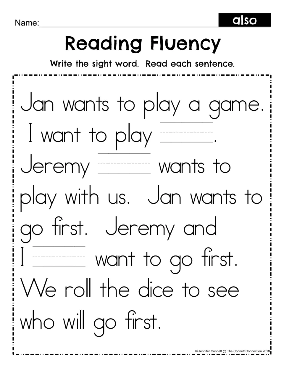 Sight word also fill-in: students write also in three blanks in the dice game story, then reread each sentence for fluency