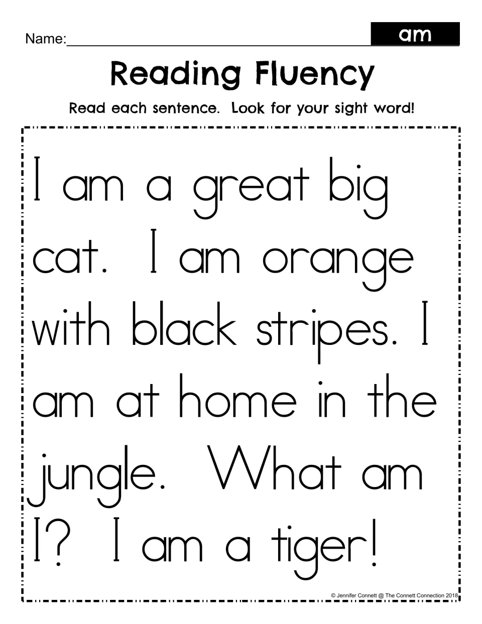 Sight word am reading fluency: students read a tiger riddle passage and look for am in each sentence