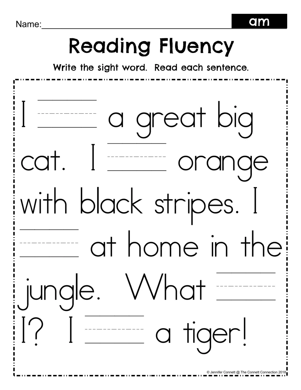 Sight word am fill-in: students write am in the six blanks of the tiger riddle passage, then read each sentence