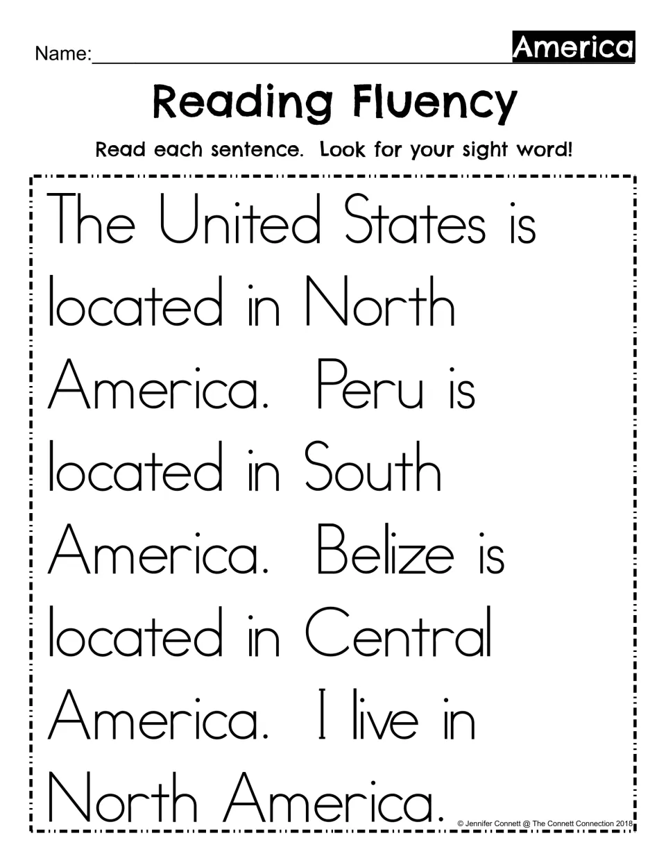 Reading Fluency, America: students read four sentences about North, South and Central America and find the sight word
