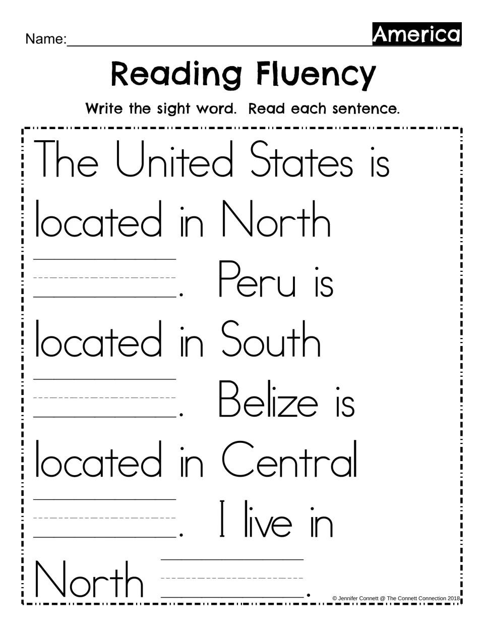 Reading Fluency fill-in: students write the sight word America in four blanks, then reread each sentence