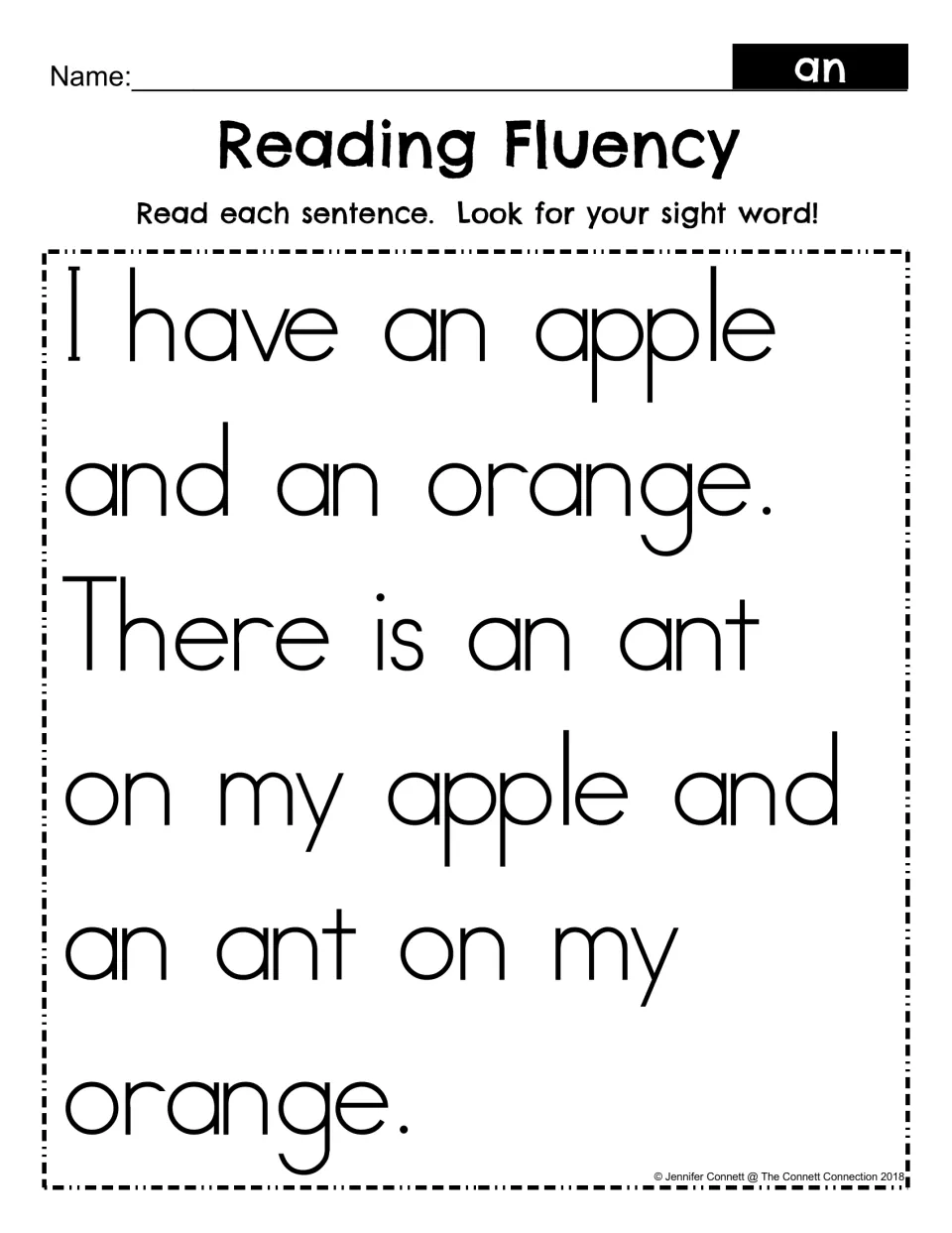 Sight word an reading fluency: students read sentences about an apple, an orange and an ant and look for the word an