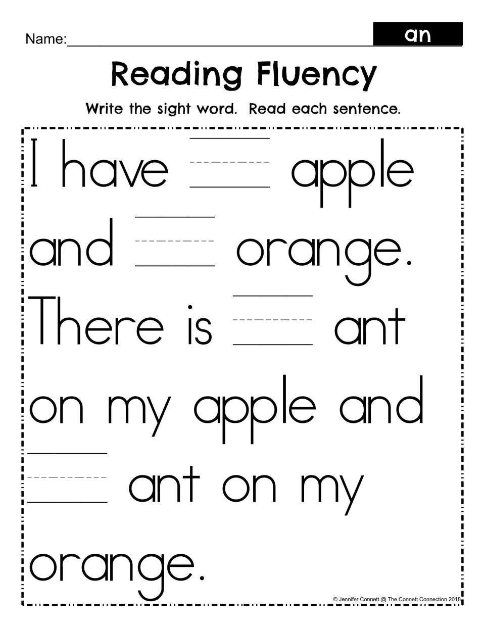 Sight word an fill-in: students write an in four blanks, then reread the apple, orange and ant sentences for fluency