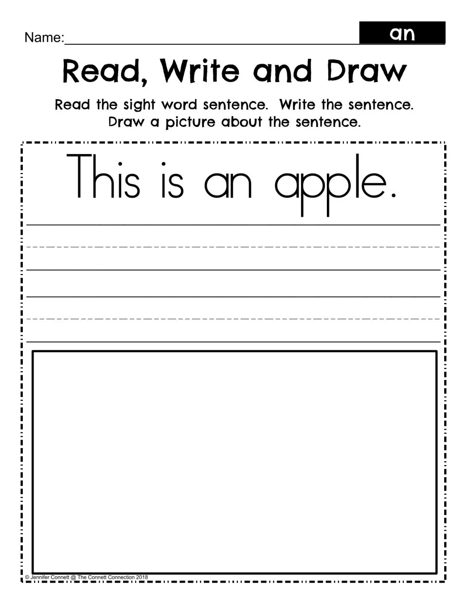 Read, Write and Draw: students read 'This is an apple.', copy it in handwriting and draw a matching picture