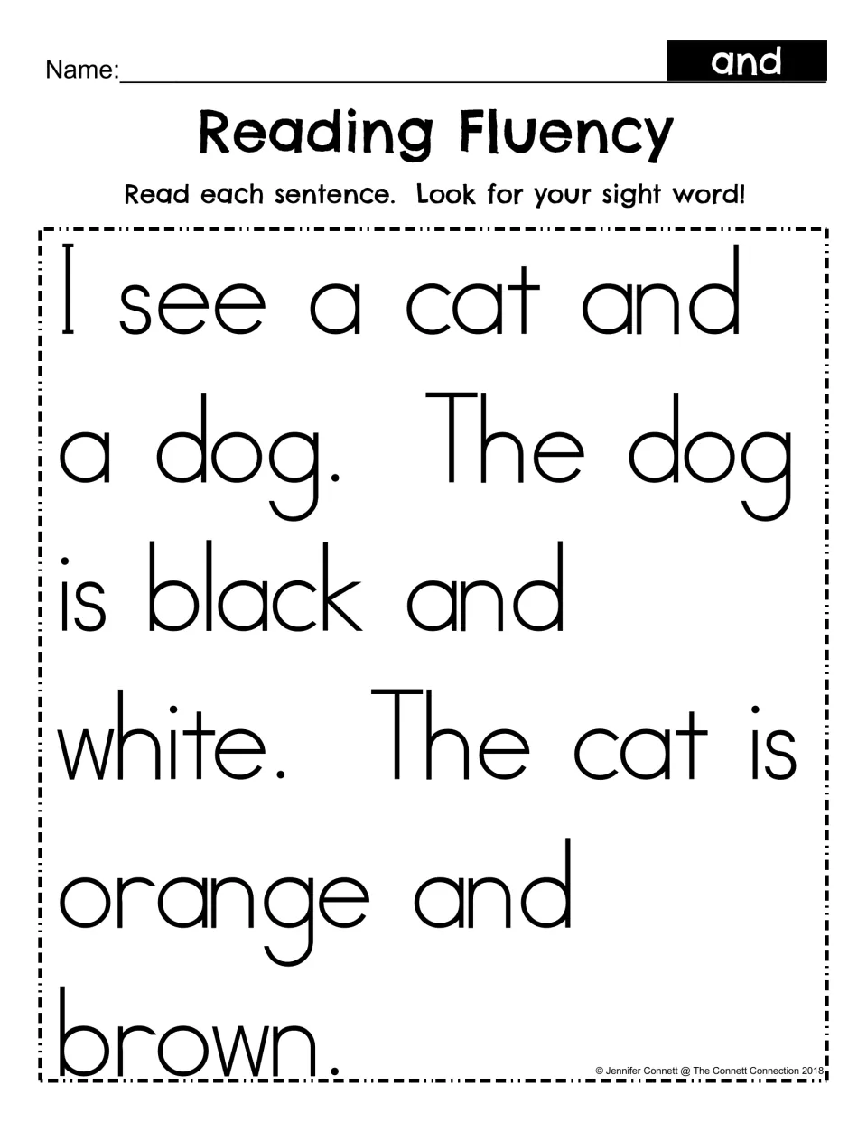 Reading Fluency for the sight word and: students read a short passage about a cat and a dog and look for the word and