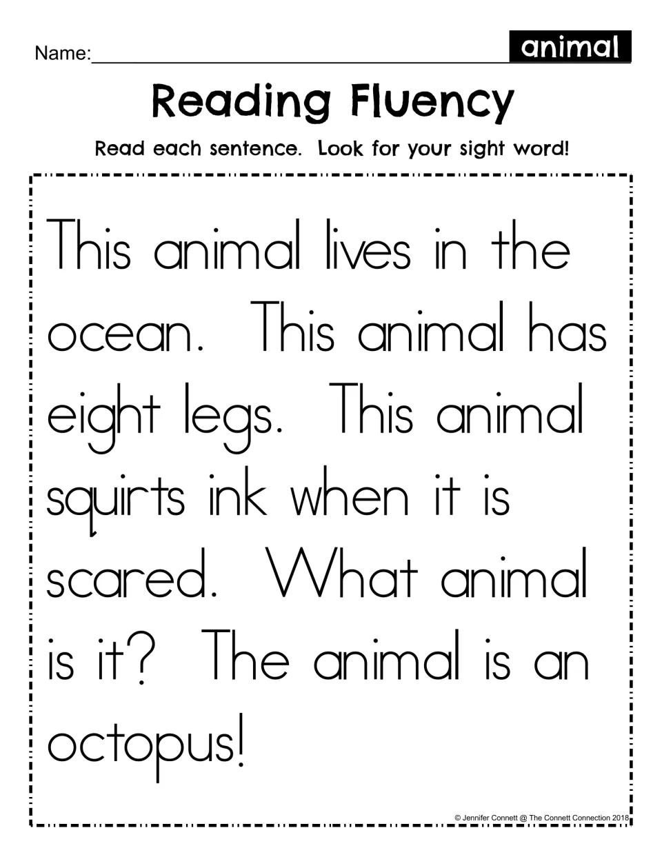 Reading Fluency: students read an octopus riddle passage and look for the sight word "animal" in each sentence