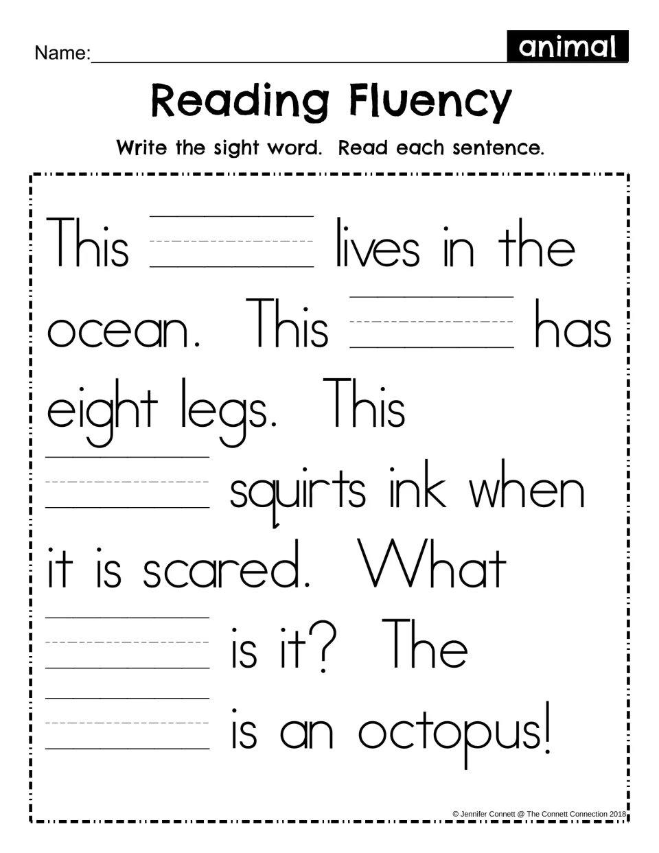 Sight word fill-in: students write "animal" in five blanks of the octopus passage, then read each sentence