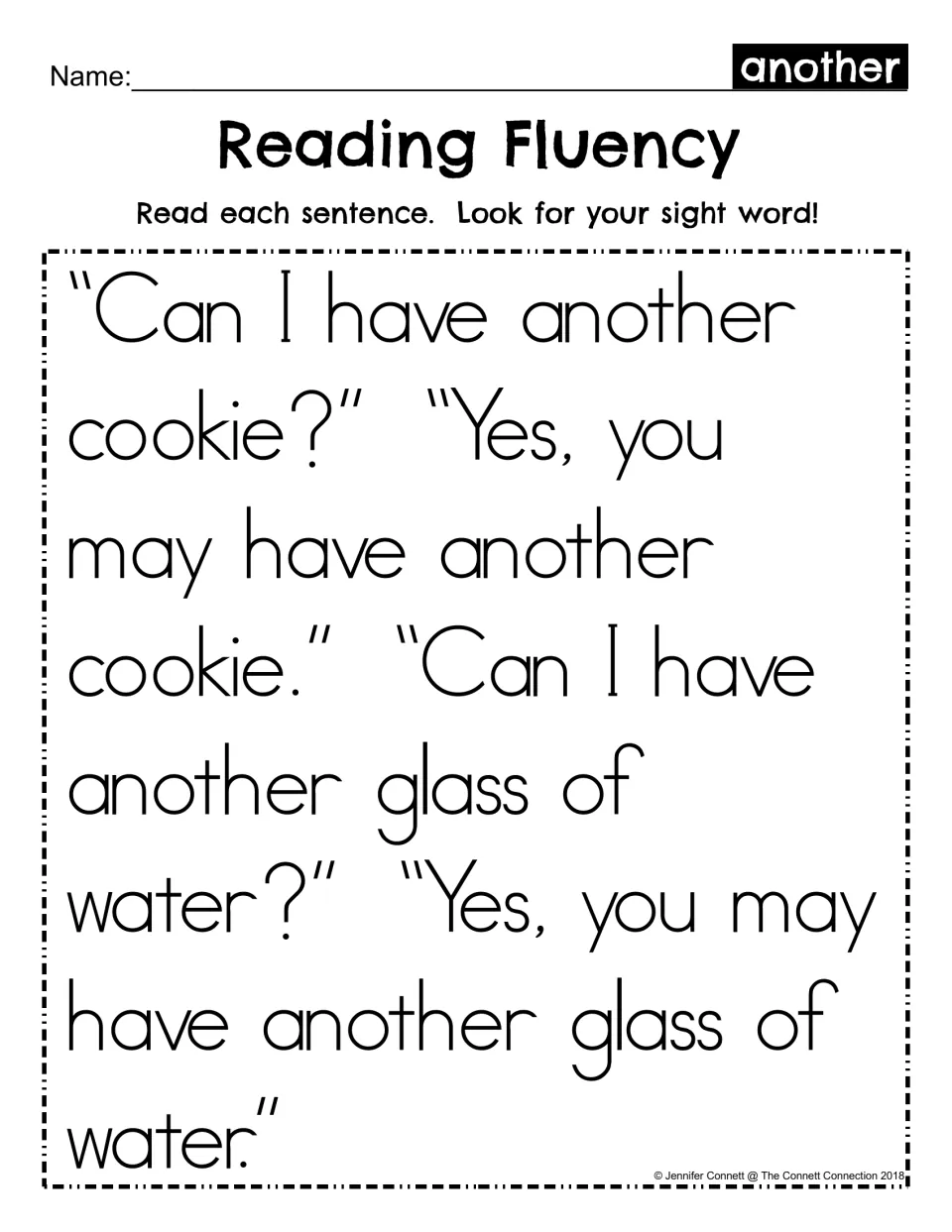 Reading Fluency for sight word another: students read a cookie and glass of water dialogue and find the word each time