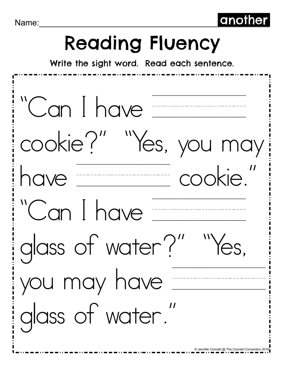 Reading Fluency fill-in: students write the sight word another in four blanks, then read the cookie and water sentences