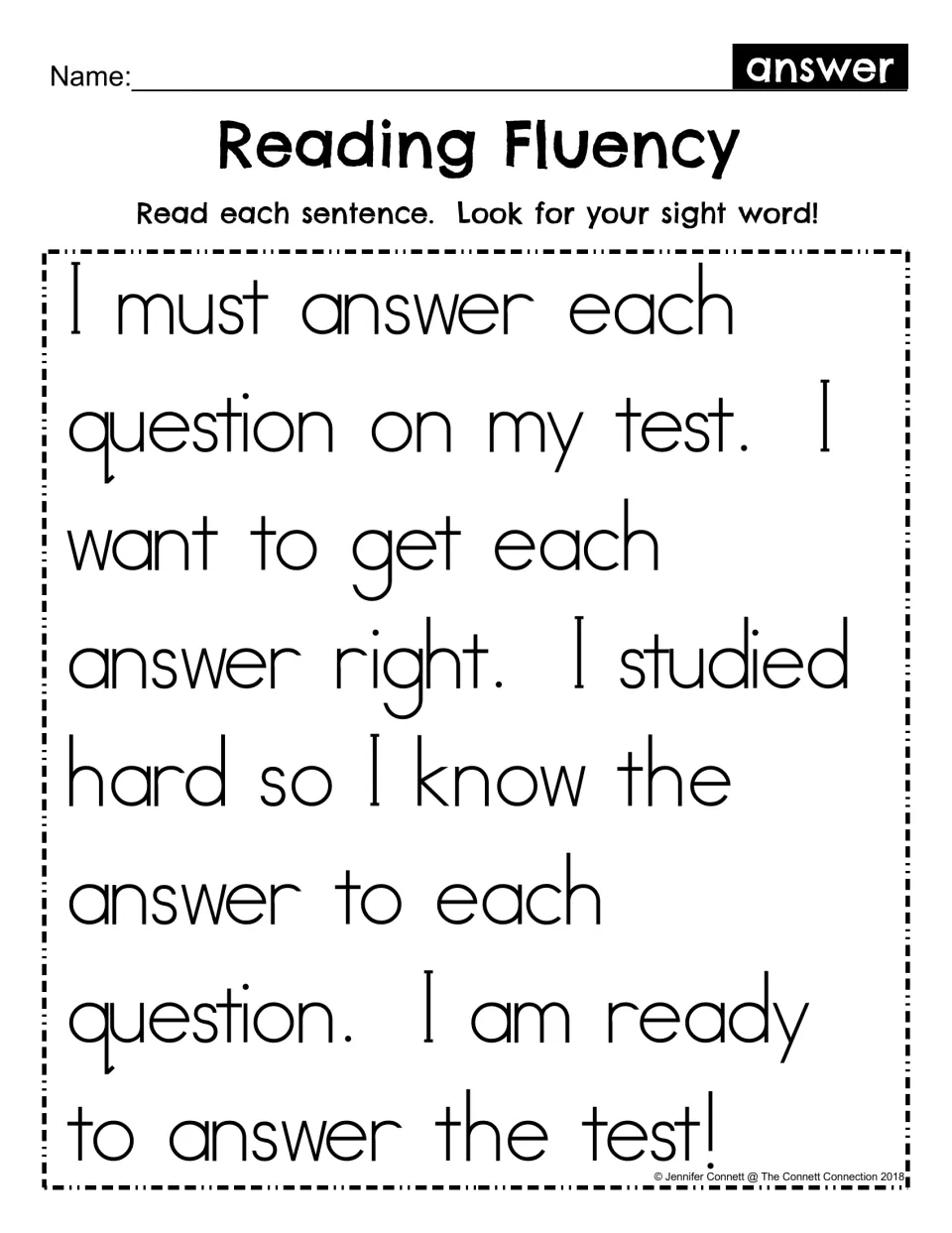 Reading Fluency passage for the sight word answer: students read four test-day sentences and spot the word each time
