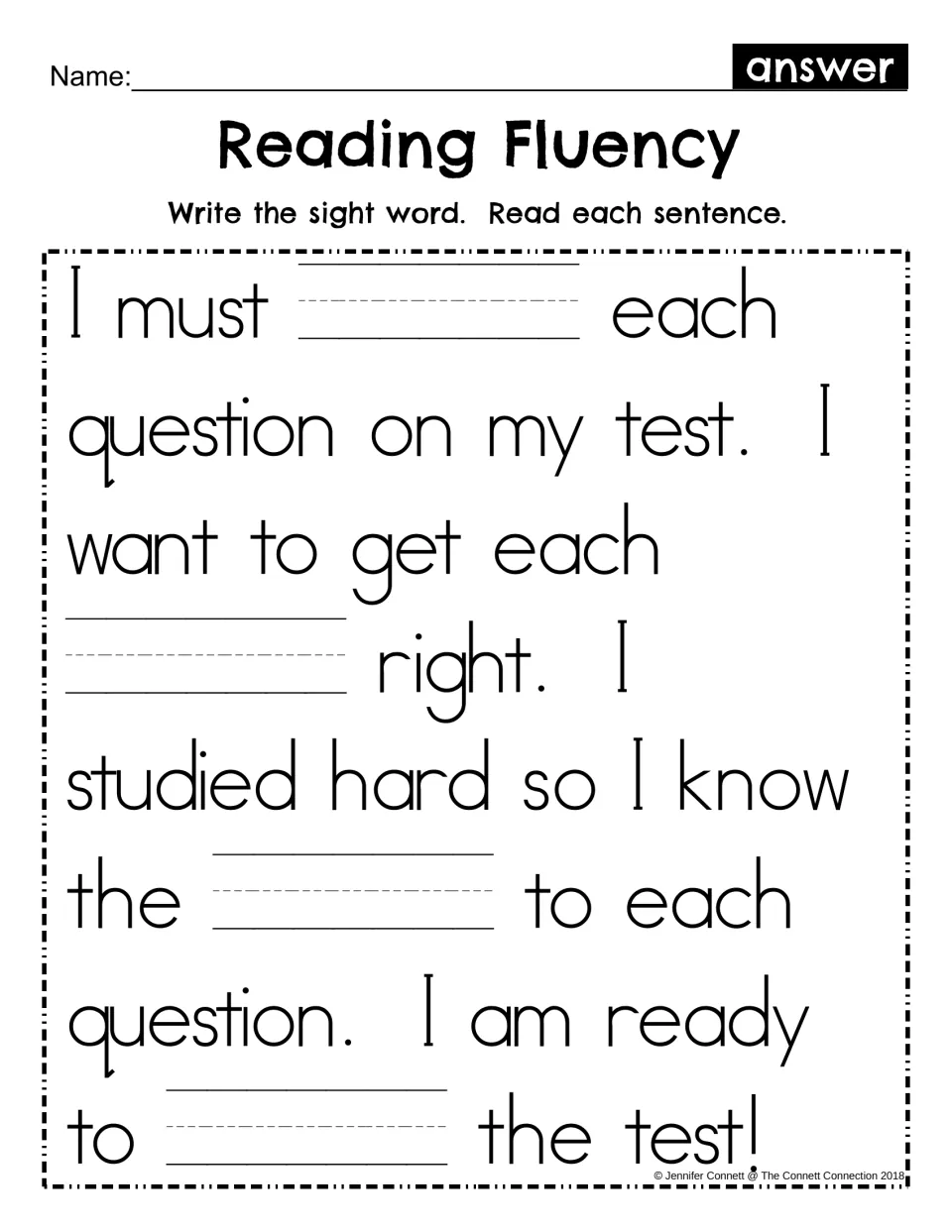 Sight word fill-in for answer: students write the missing word in four blanks, then reread the same test-day passage