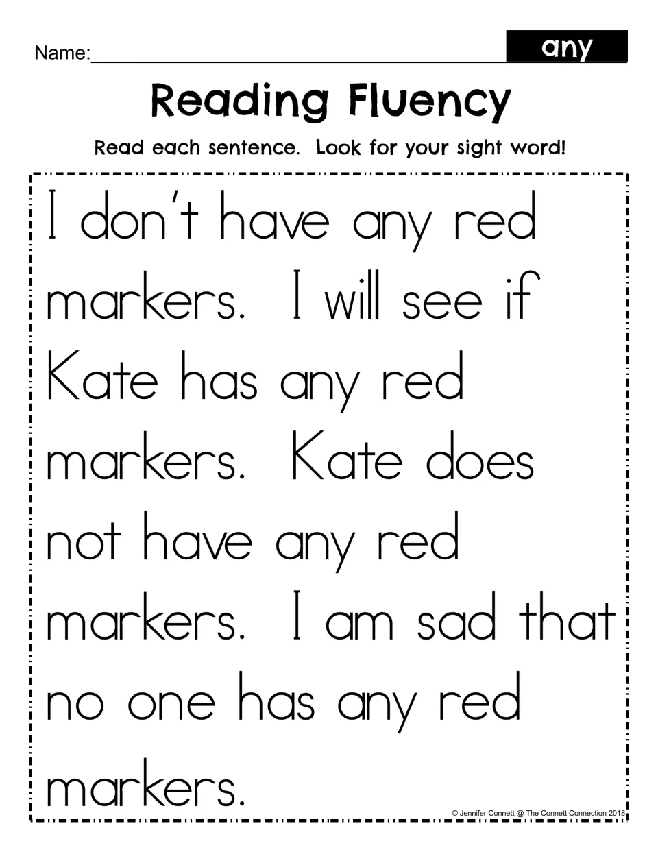 Reading Fluency for the sight word any: students read a short passage about Kate and red markers, finding each any
