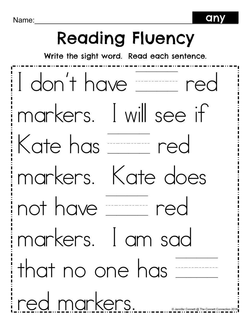 Sight word any fill-in: students write any in four blanks of the red markers passage, then reread each sentence