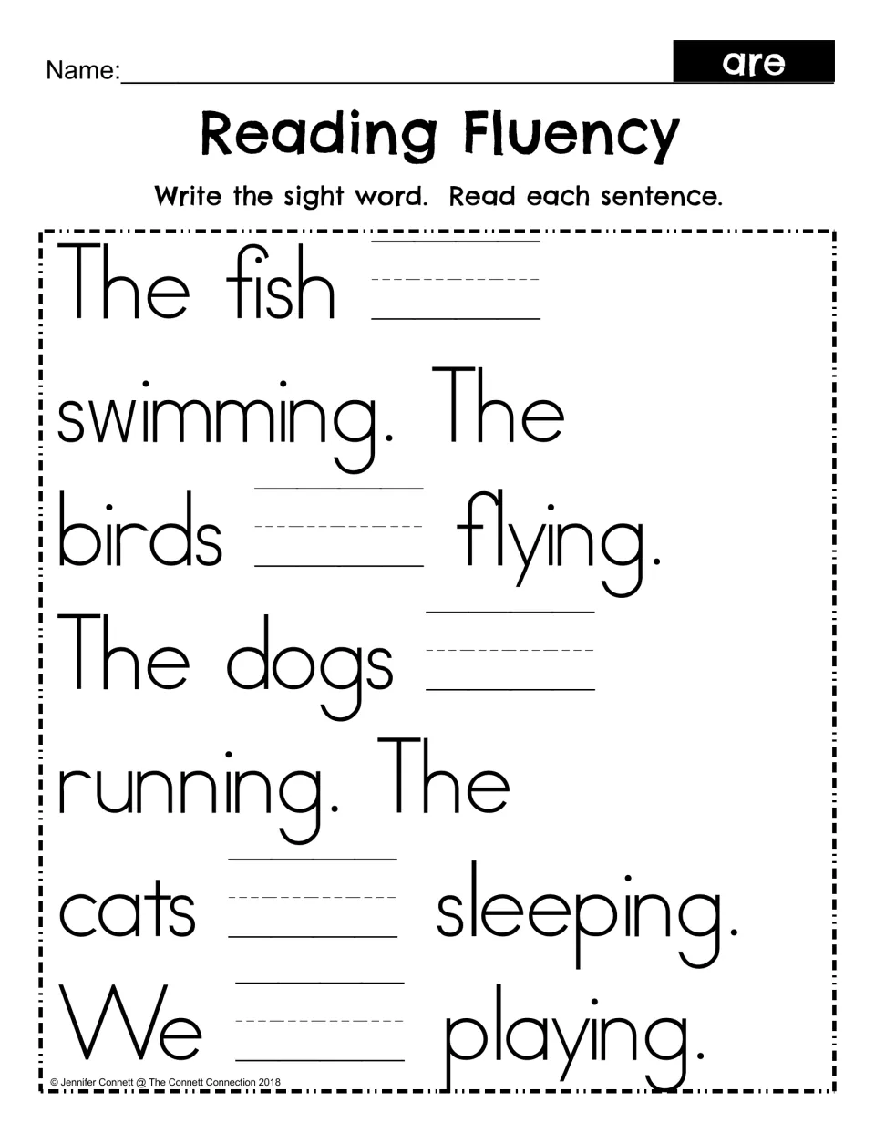 Reading Fluency fill-in: students write the sight word are in each blank, then read sentences like The fish are swimming