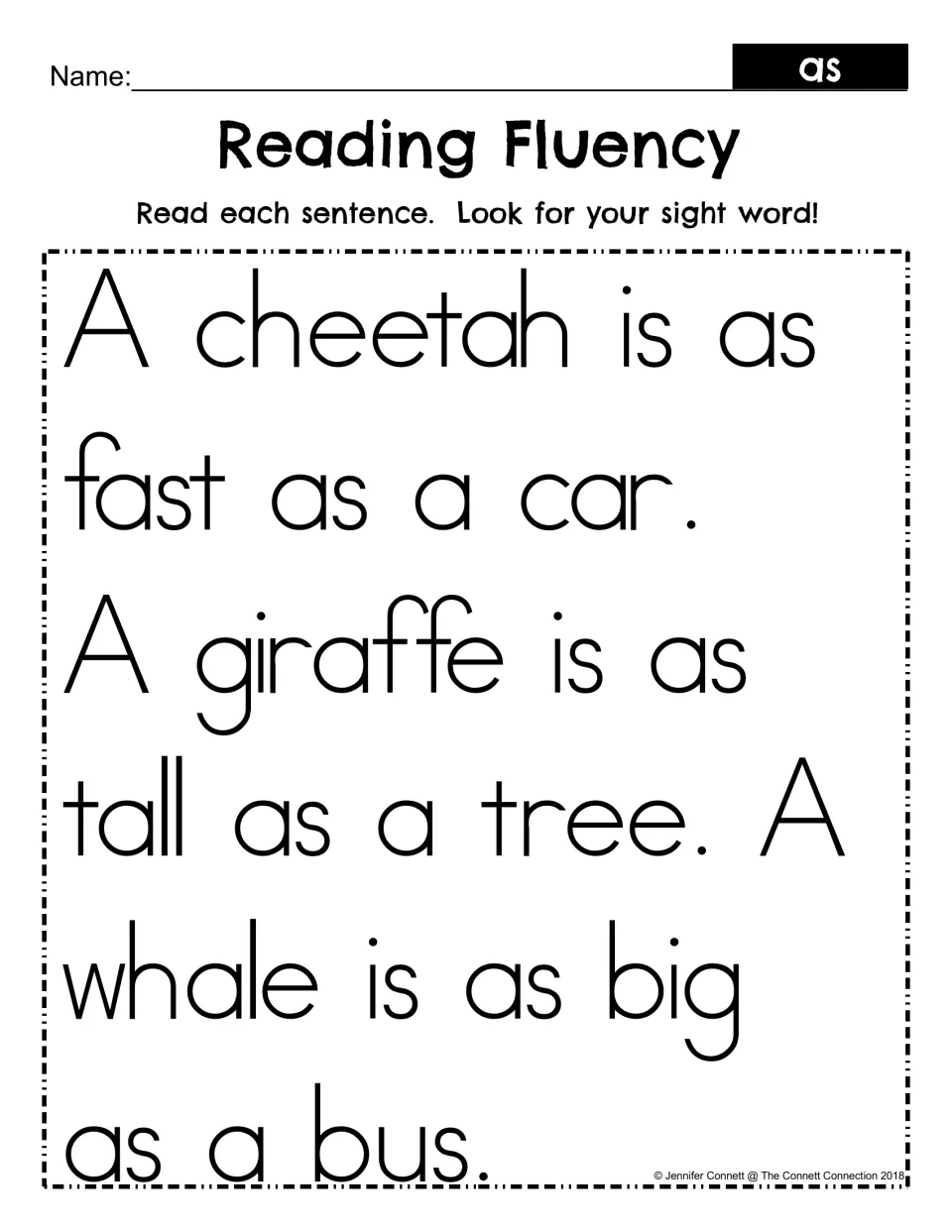 Reading Fluency for sight word as: students read three comparisons, such as a cheetah is as fast as a car, and find as