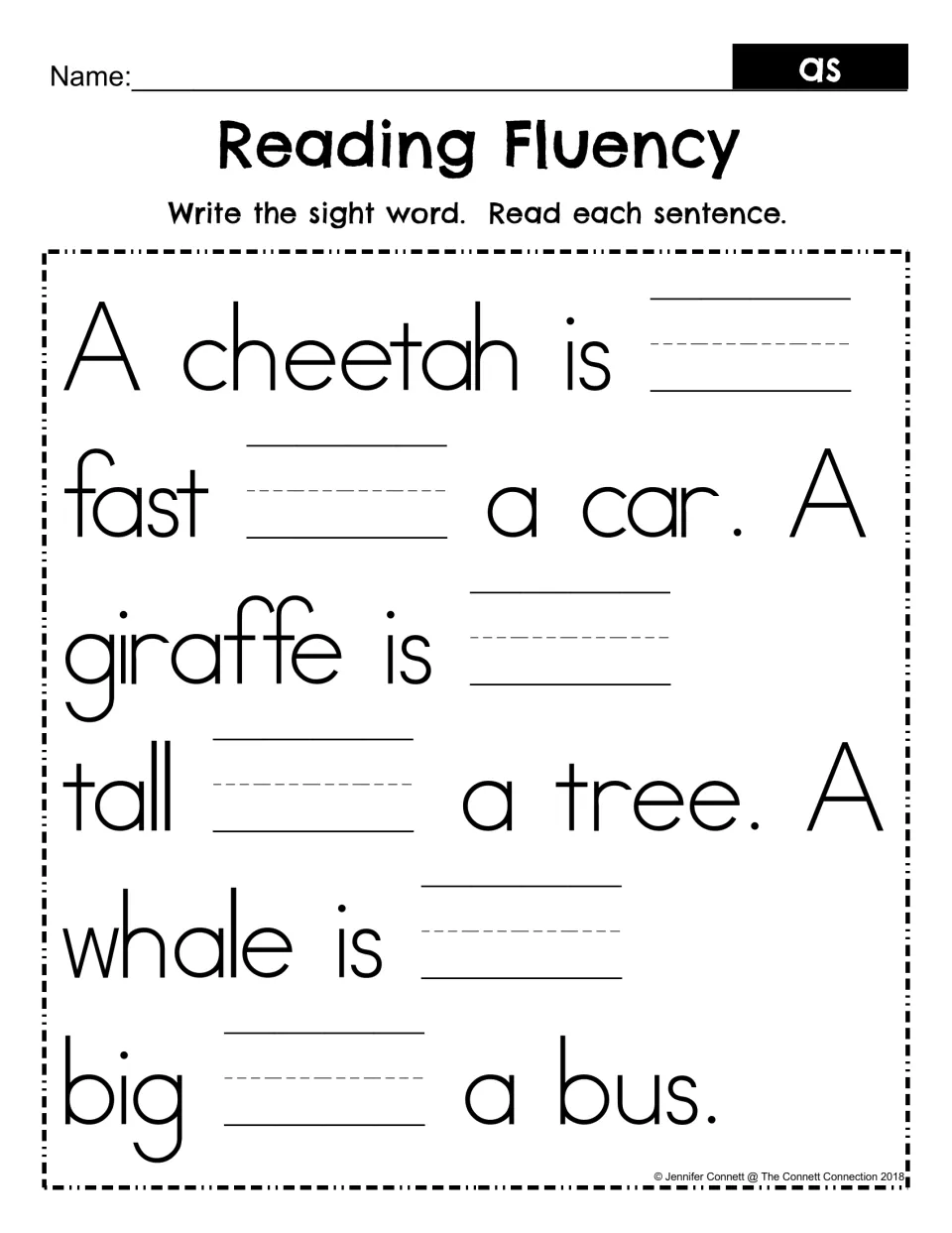 Reading Fluency fill-in: students write as in six blanks to finish the cheetah, giraffe and whale sentences, then read