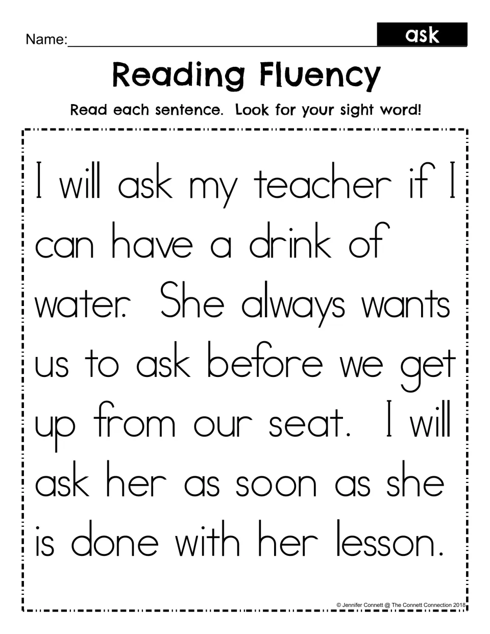 Reading Fluency for sight word ask: students read a short passage about asking the teacher for water and spot the word