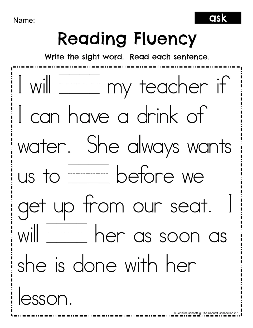 Reading Fluency fill-in: students write the sight word ask in three blanks, then reread the passage about a drink of water