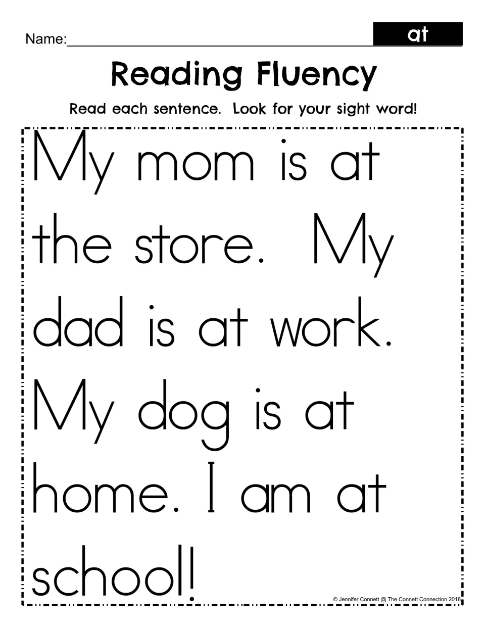 Sight word at reading fluency: students read four short sentences about mom, dad, a dog and school, looking for at