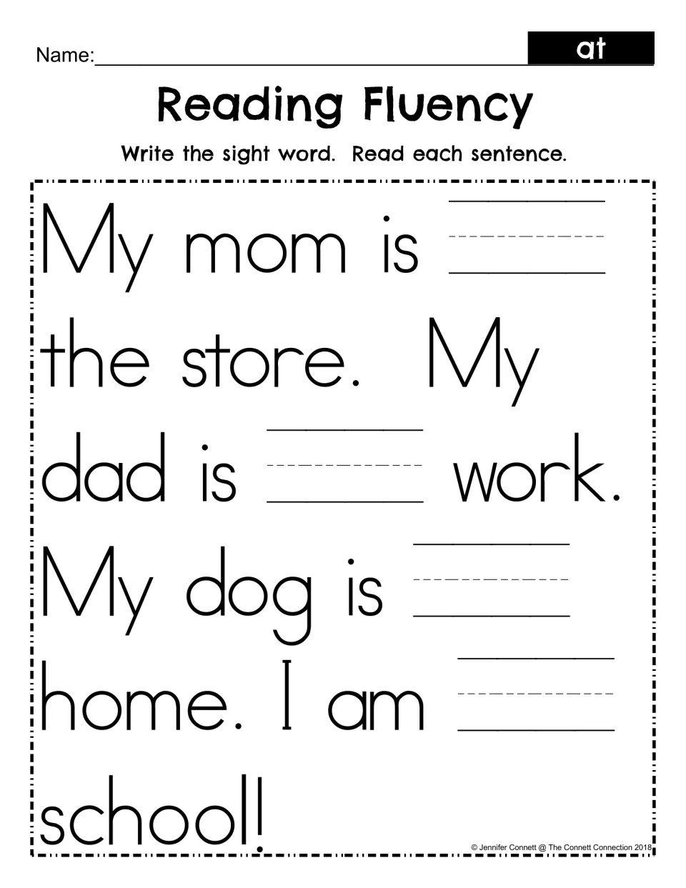 Fill in the sight word at: students write at in four blanks, then read sentences about mom, dad, the dog and school