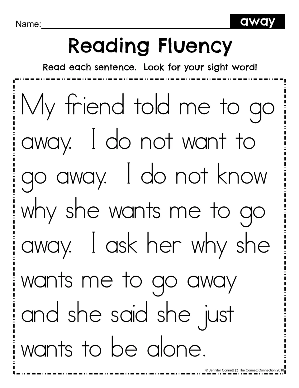 Reading Fluency for sight word away: students read a short passage about a friend and look for away in each sentence