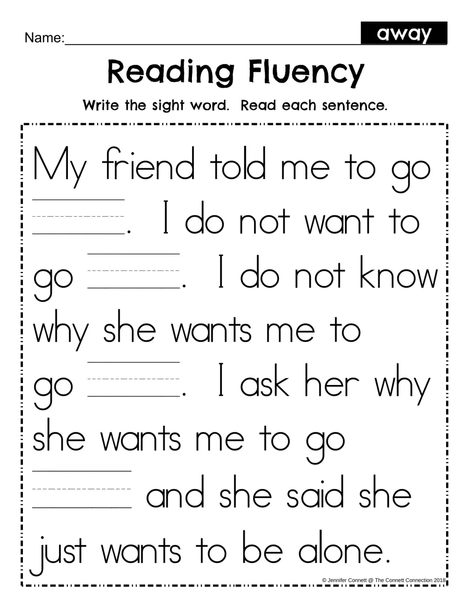 Sight word away fluency passage: students write away in four blanks in the friend story, then read each sentence aloud