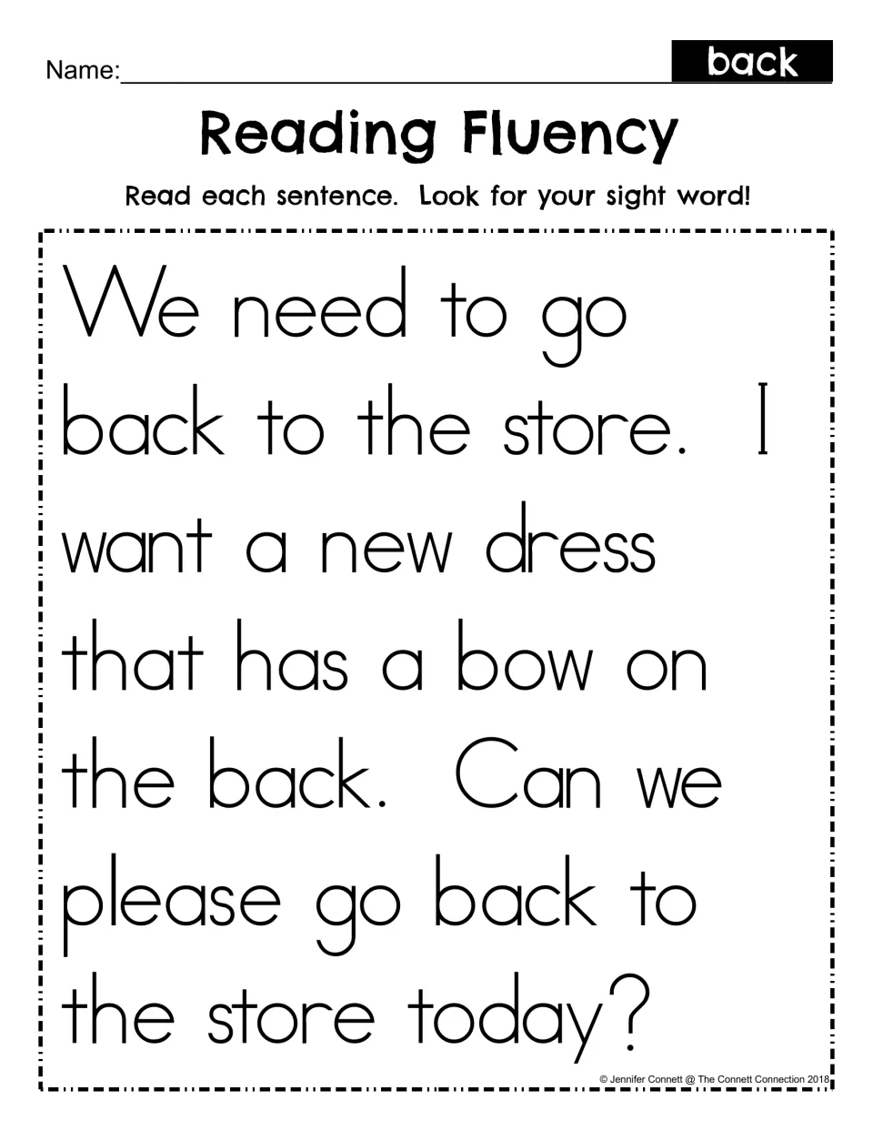 Reading fluency for sight word back: students read a short passage about returning to the store and find the word