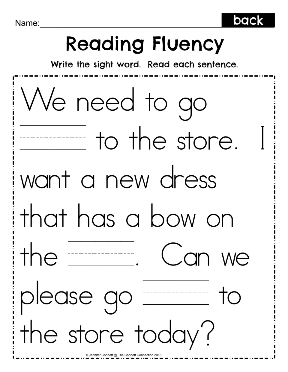 Sight word back fill-in: students write the missing word in three blanks of the store passage, then read it aloud