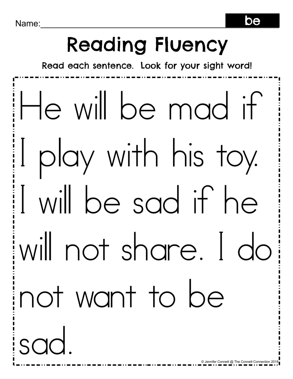 Reading fluency with the sight word be: students read a short passage about sharing a toy and find be in each sentence