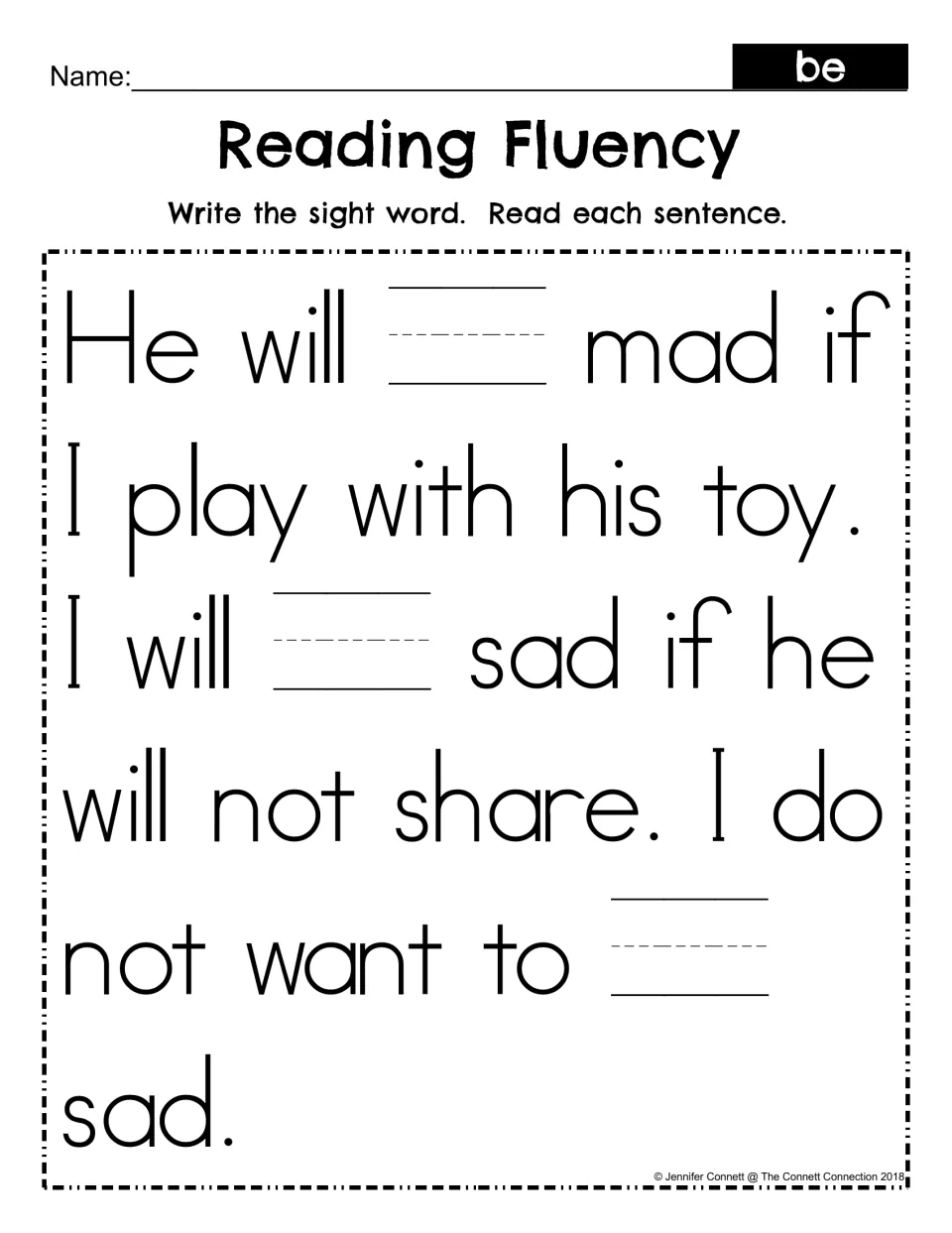 Sight word be fill-in: students write be in three blanks of the toy-sharing passage, then read each sentence