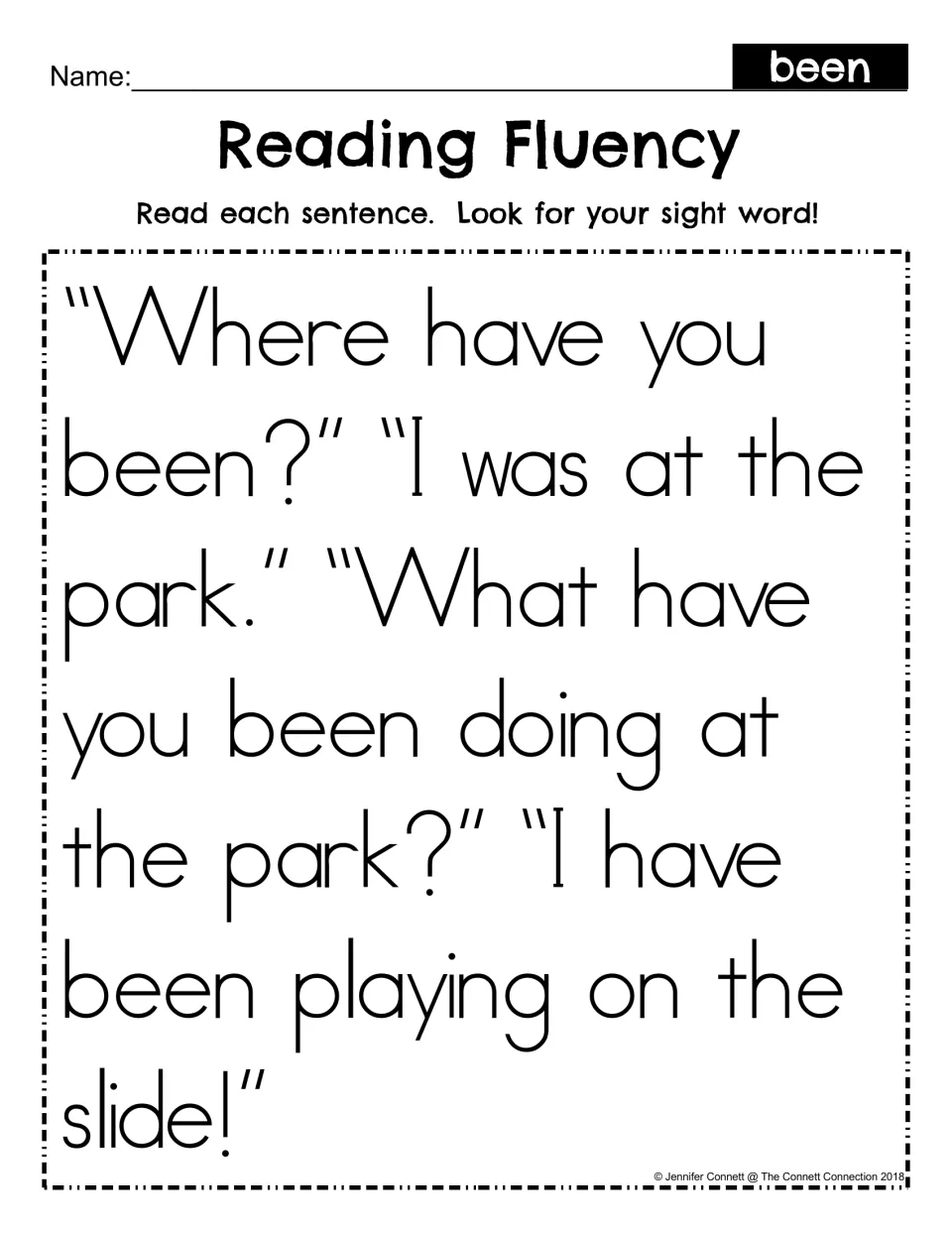 Reading fluency with the sight word been: students read a short park dialogue and find been in each of its three uses
