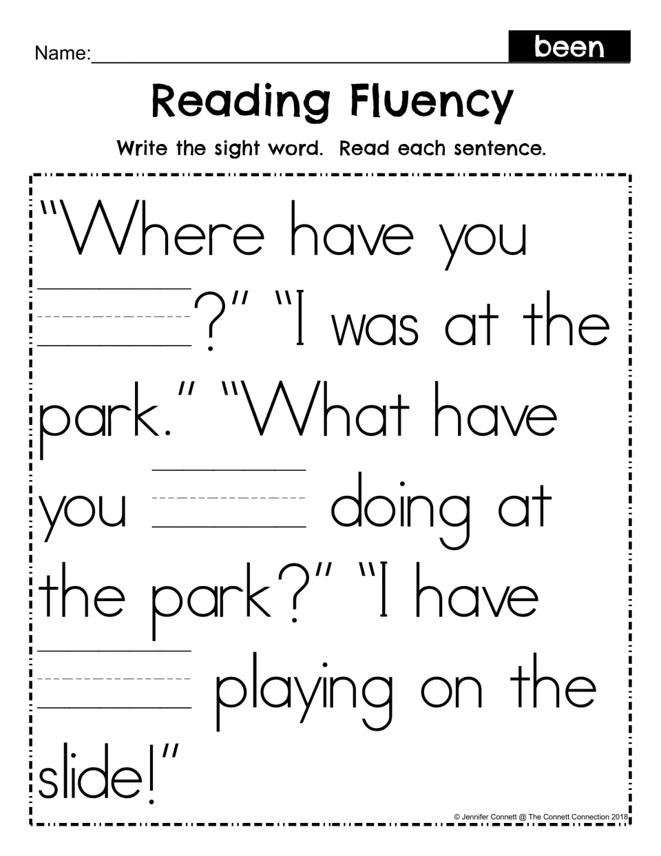 Sight word been fill-in: students write been in three blanks of the park dialogue, then read the sentences aloud