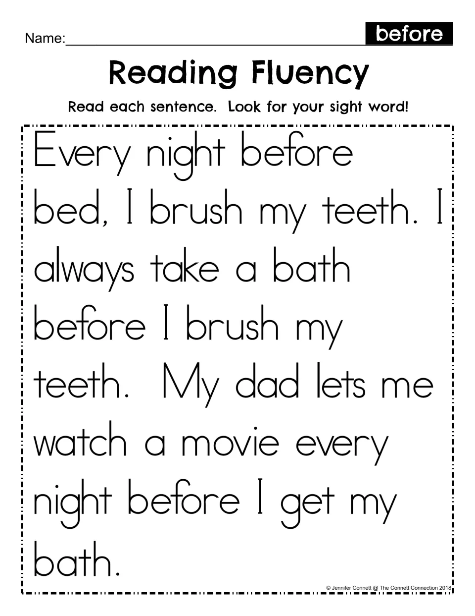 Reading Fluency for sight word before: students read a bedtime passage about baths and brushing teeth and find the word