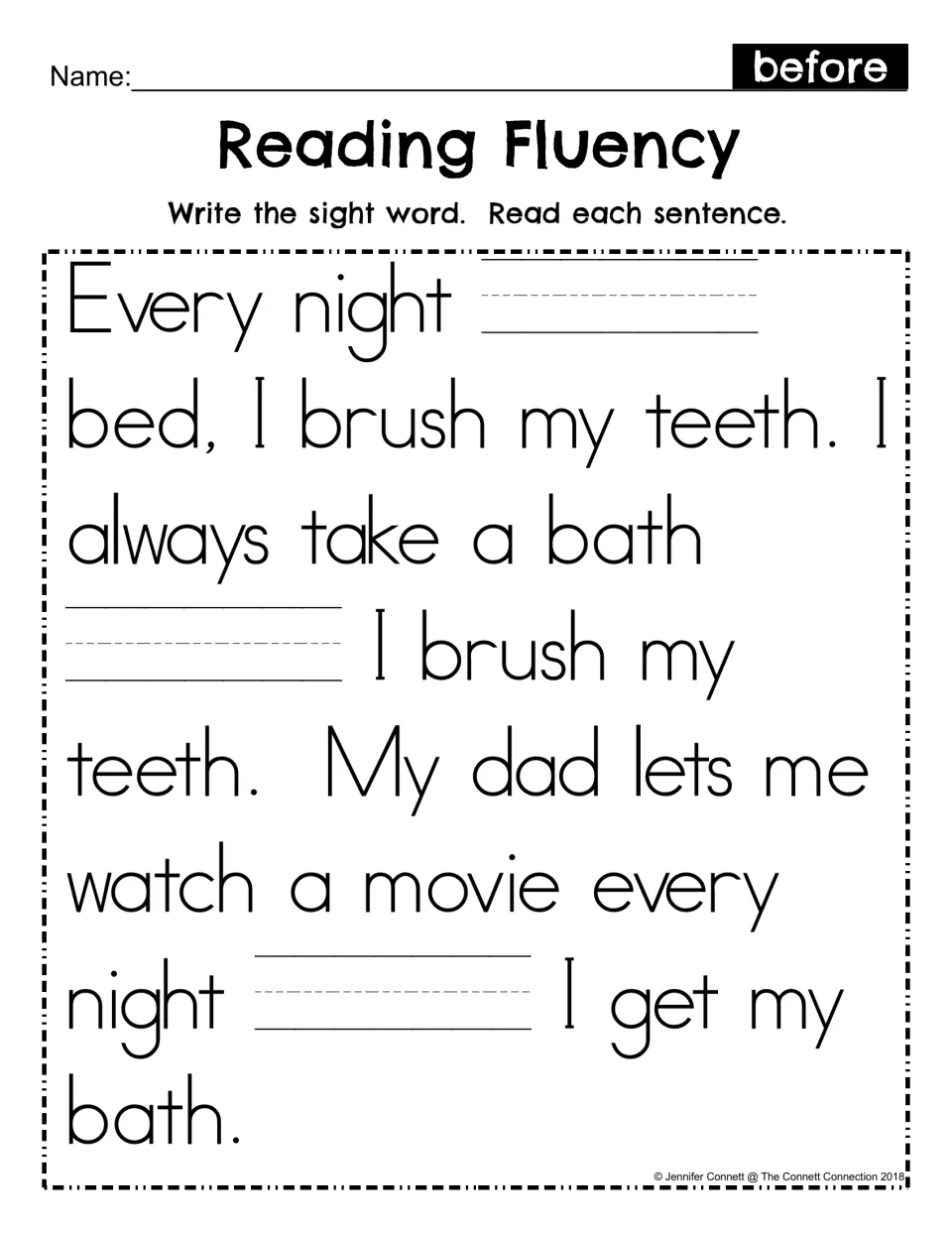 Reading Fluency fill-in: students write the sight word before in three blanks, then reread the bedtime passage