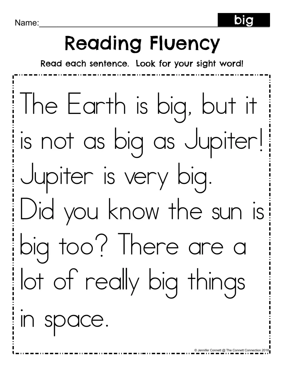 Reading Fluency for sight word big: students read a short passage about Earth, Jupiter and the sun, spotting the word big
