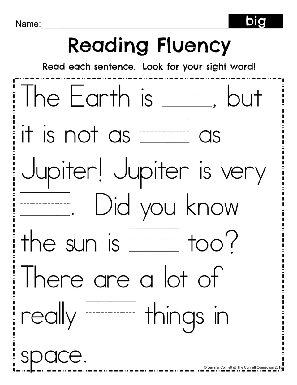 Sight word big cloze passage: students read the Earth and Jupiter text and write big in each of the five blanks